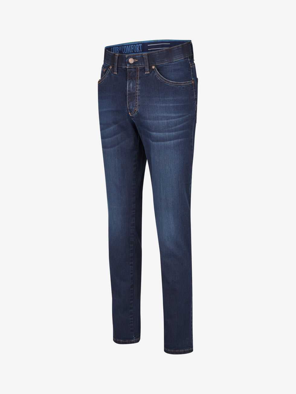 Dunkelblaue, gewaschene Flat Front-Hose ALEX 7915 von Club of Comfort mit elastischem Komfortbund, Bundverlängerung mit Knopf und Haken, aus hoch elastischem Super High Stretch-Denim, normale Leibhöhe, schmaler Beinverlauf, 5-Pocket-Design, geeignet für Ganzjahres, mit Komfort- und Funktionsdetails wie Mobile Pocket, Made in Green by Oeko-Tex.