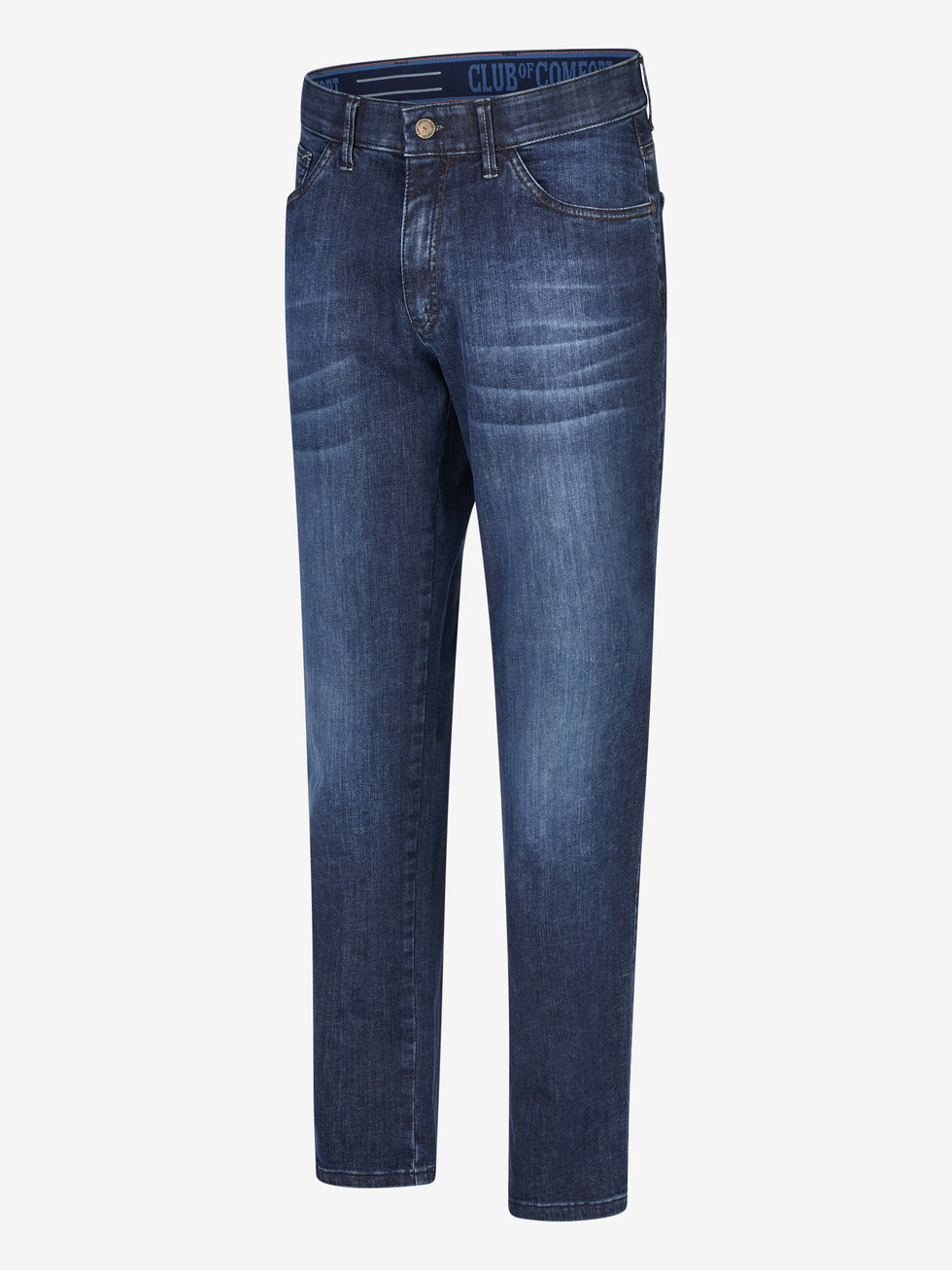 Blaue, gewaschene ALEX 7915 5-Pocket-Jeans-Hose von Club of Comfort, mit elastischem Komfortbund, Hemdstopper, Bundverlängerung, Tapered Fit, aus hoch elastischem Super High Stretch-Denim, für Alltags- und Aktivgebrauch, sommer- und ganzjahrestauglich.