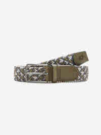 Beiger-blauer Stretch-Gürtel von Club of Comfort mit Two-Tone-Flechtband, Logoprägung in der Lederspitze, silberfarbener Metallschließe, Breite 3,4 cm, Länge 90-125 cm, sportlich, ganzjährig, aus Polyester.