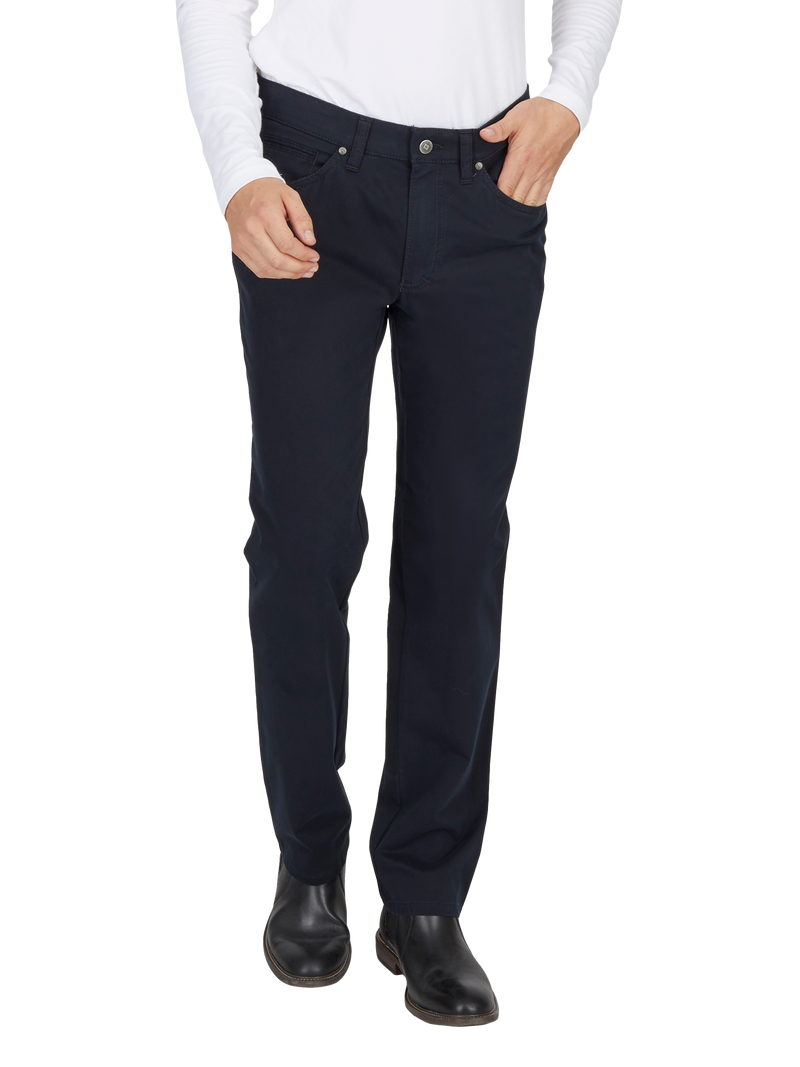 Hosenmodell: Dunkelblaue, gerade geschnittene Hose aus festem Stoff mit Bund, Gürtelschlaufen, Reißverschluss und Knopf. Die Hose hat seitliche Eingrifftaschen und passt zur Business- oder Casual-Kleidung.