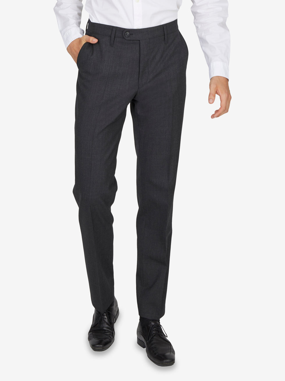 Bequeme dunkelgraue SANTOS 2590 Flat Front-Hose mit elastischem Komfortbund, Hemdenstopper, geradem Bein und niedriger Leibhöhe, aus waschbarer Woll-Misch-Qualität, reguläre Passform, Hersteller Club of Comfort.