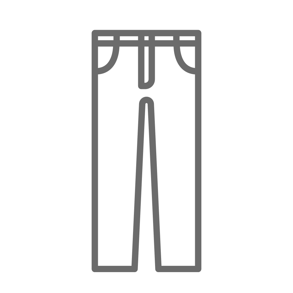 Grafische Darstellung einer einfachen, stilisierten Illustration von bequemen Hosen mit geraden Beinen, eingeknöpftem Bund und Taschen, in einem einfarbigen, minimalistischen Design.