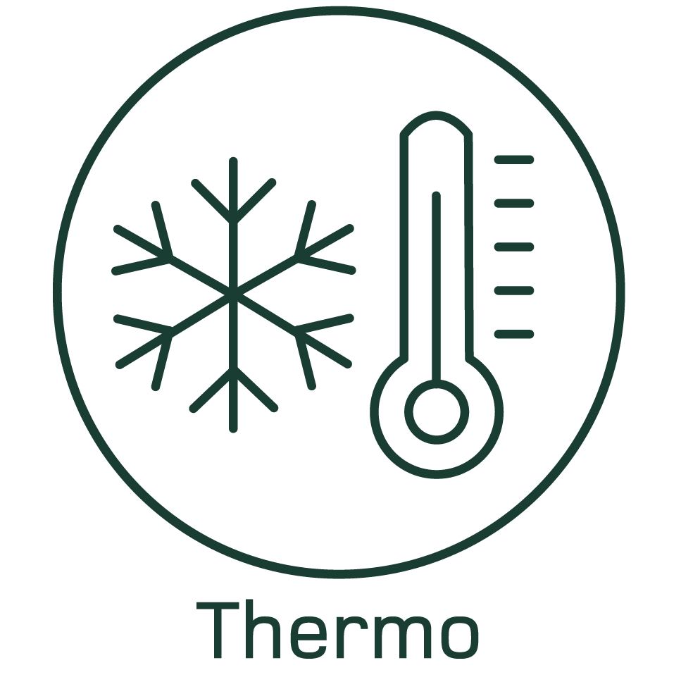 Ein kreisförmiges Icon mit einer Schneeflocke auf der linken Seite und einem Thermometer auf der rechten Seite, die eine Temperaturmessung darstellen. Darunter steht der Begriff "Thermo". Das Symbol symbolisiert Temperaturkontrolle oder -regelung.