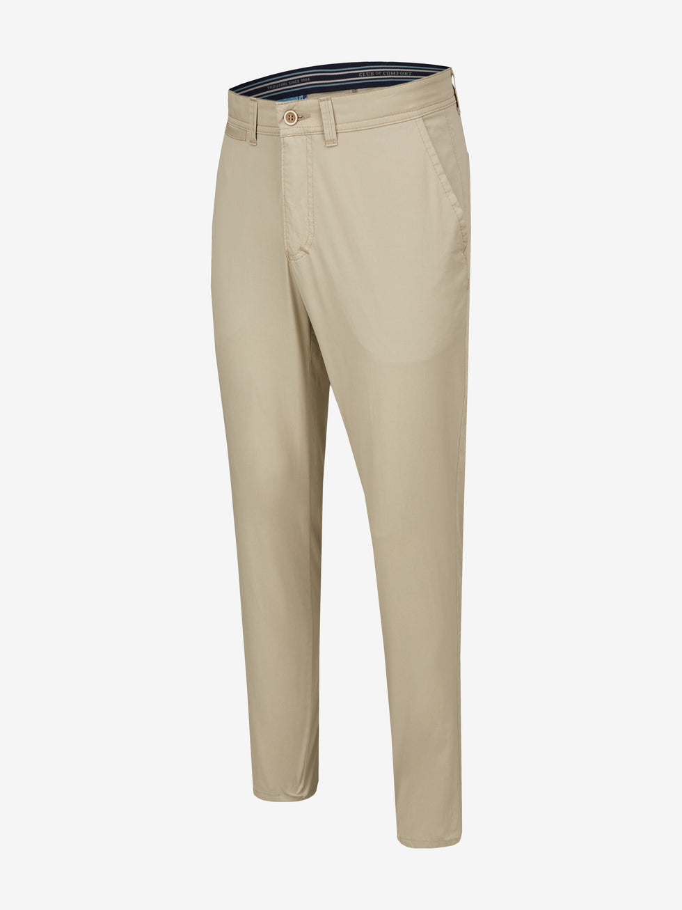 Hellbeige Flat Front-Hose von Club of Comfort aus edler Pima Cotton mit elastischem Komfortbund, Hemdstopper und Coldblack-Ausrüstung. Normale Leibhöhe, schmalerer Beinverlauf, geeignet für Frühjahr/Sommer, regular fit, made in Green by Oeko-Tex, langlebig, mit Stretch.