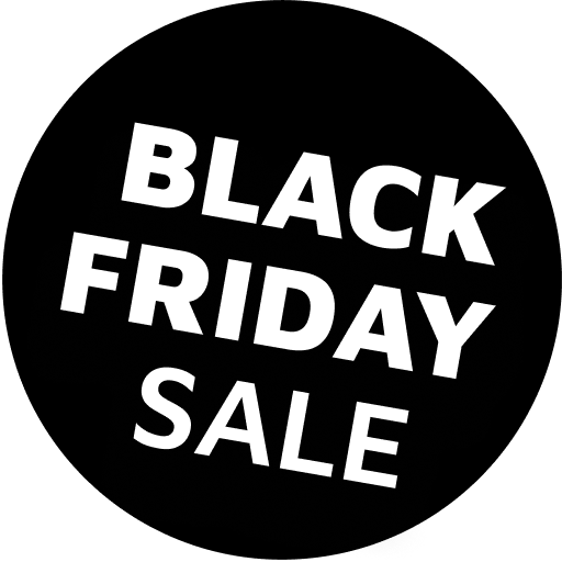Ein schwarzer runder Hintergrund mit weißen, fettgedruckten Worten: "BLACK FRIDAY SALE" in der Mitte.