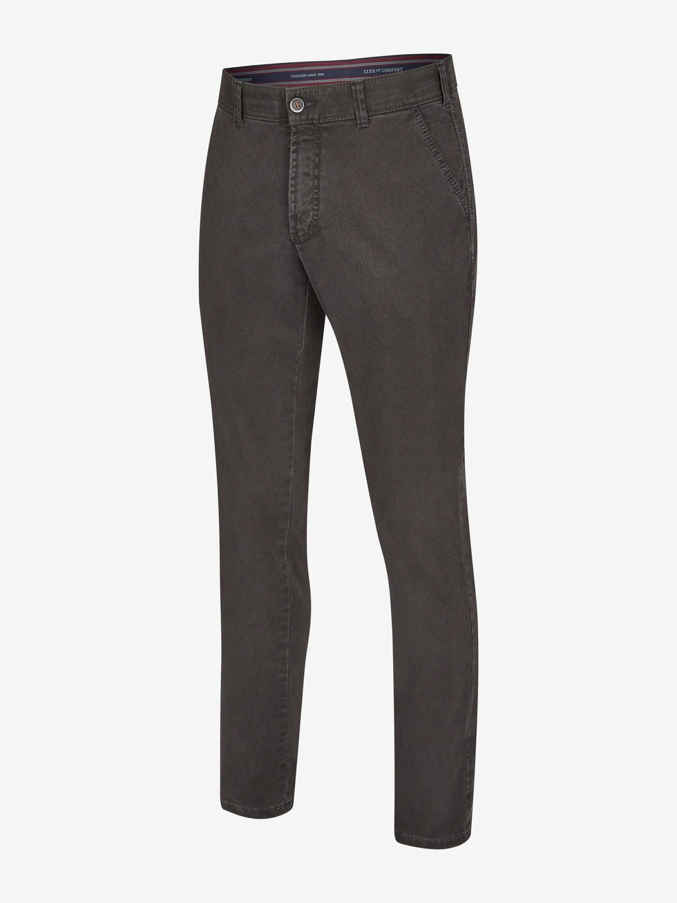 Anthrazitfarbene DENVER 7819 Flat Front-Hose von Club of Comfort, aus hochelastischem Baumwoll-Gabardine mit High Stretch, mit elastischem Komfortbund, Hemdenstopper und geradem Bein, normaler Leibhöhe, für Herbst/Winter, Made in Green by Oeko-Tex.