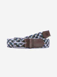 Blauer-dunkelbrauner, elastischer Two-Tone-Flecht-Bandgürtel mit Logoprägung in der Lederspitze und polierter Metallschließe, Breite 3,4 cm, Länge 90-125 cm, aus Polyester, sportlich, Stretch-Gürtel, für Ganzjahresgebrauch, von Club of Comfort.