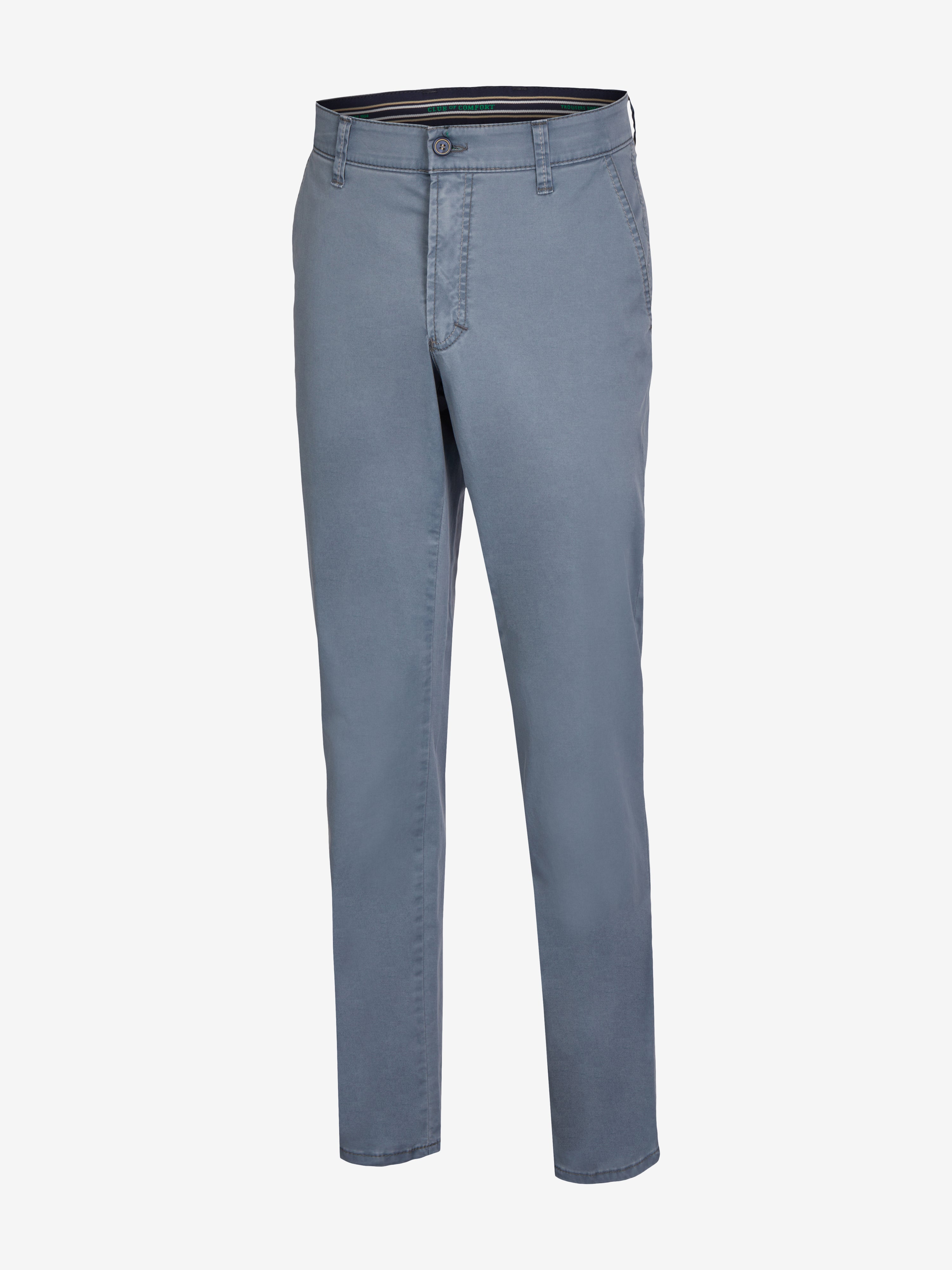 Rauchblaue GARVEY 7708 Flat Front-Hose mit elastischem Komfortbund, Hemdenstopper, schmaler Beinverlauf, aus leichtem Baumwoll-High Stretch, normale Leibhöhe, Regular Fit, Frühling/Sommer, Hersteller Club of Comfort, mit cleaner Optik, weichem Griff, langlebig und bequem.