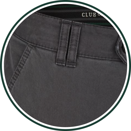 Nahaufnahme eines schwarzen Gürtelteils und der oberen Hemdpartie in Grau, mit sichtbaren Gürtelschlaufen und Nähte. Der Gürtel ist festgesteckt, im Hintergrund ist ein schwarzes Innenfutter mit weißer Aufschrift "CLUB" sichtbar.