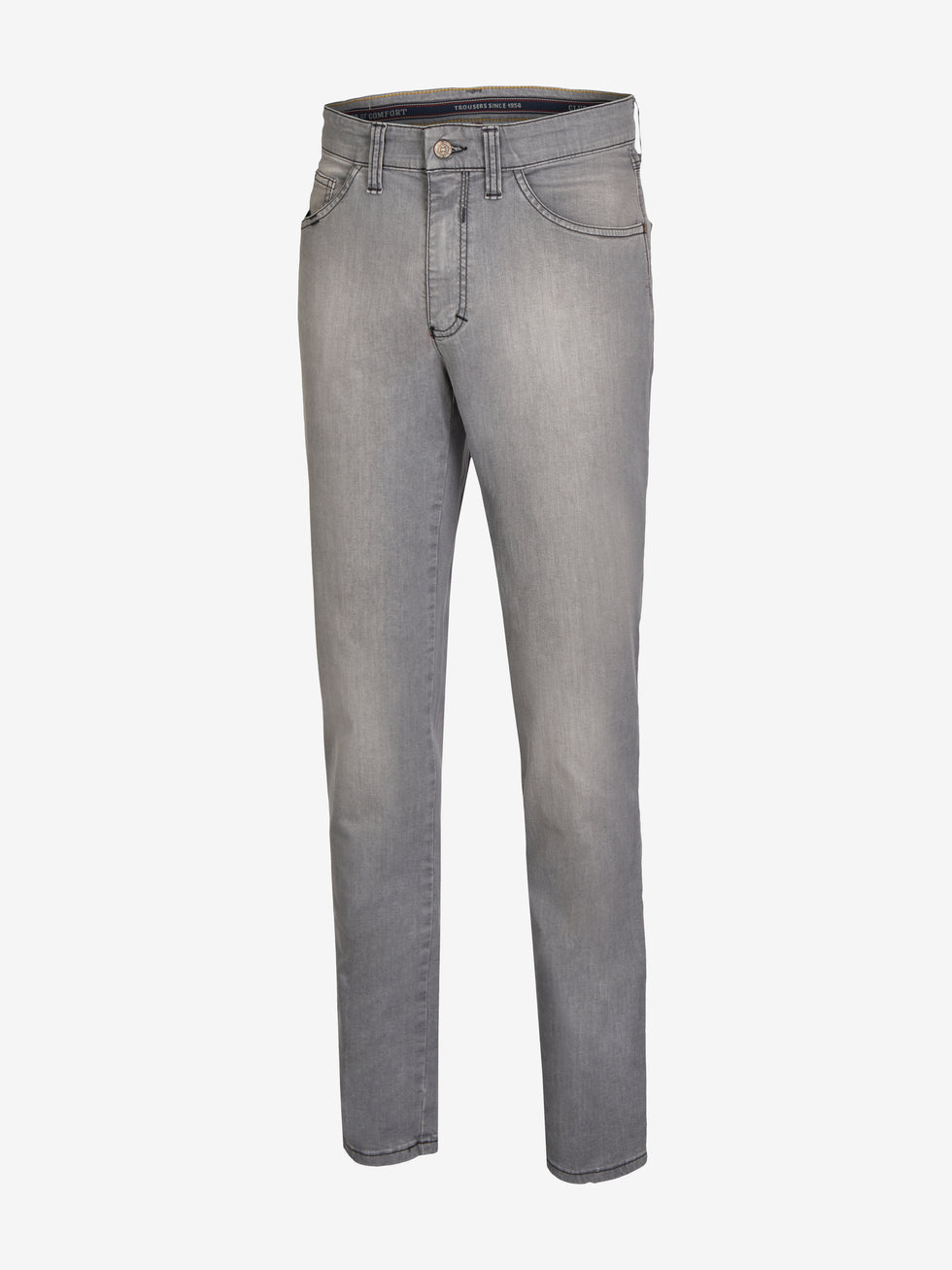 Hellegraue 6-Pocket-Hose von Club of Comfort, aus hoch elastischem Super High Stretch-Denim mit Mobile Pocket, sportivem Kontrast-Patch, elastischem Doppelstoffbund, Hemdstopper, regulärer Passform, hergestellt in nachhaltigem Green by Oeko-Tex, für Ganzjahresgebrauch.