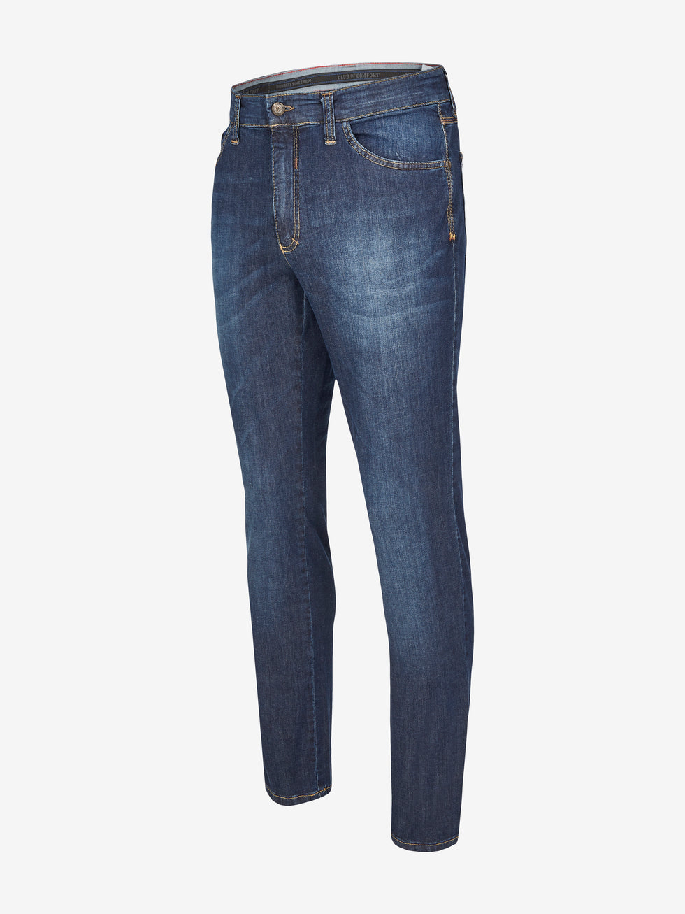 Blaue, gewaschene 5-Pocket-Jeanshose "HENRY 6516" von Club of Comfort mit elastischem Doppelstoffbund, Hemdstopper, separater Mobile Pocket, Münztasche mit Kontrast-Patch, super High Stretch-Denim, regulärer Fit, normale Leibhöhe, schlankes Bein, made in Green by Oeko-Tex, geeignet für Ganzjahres.