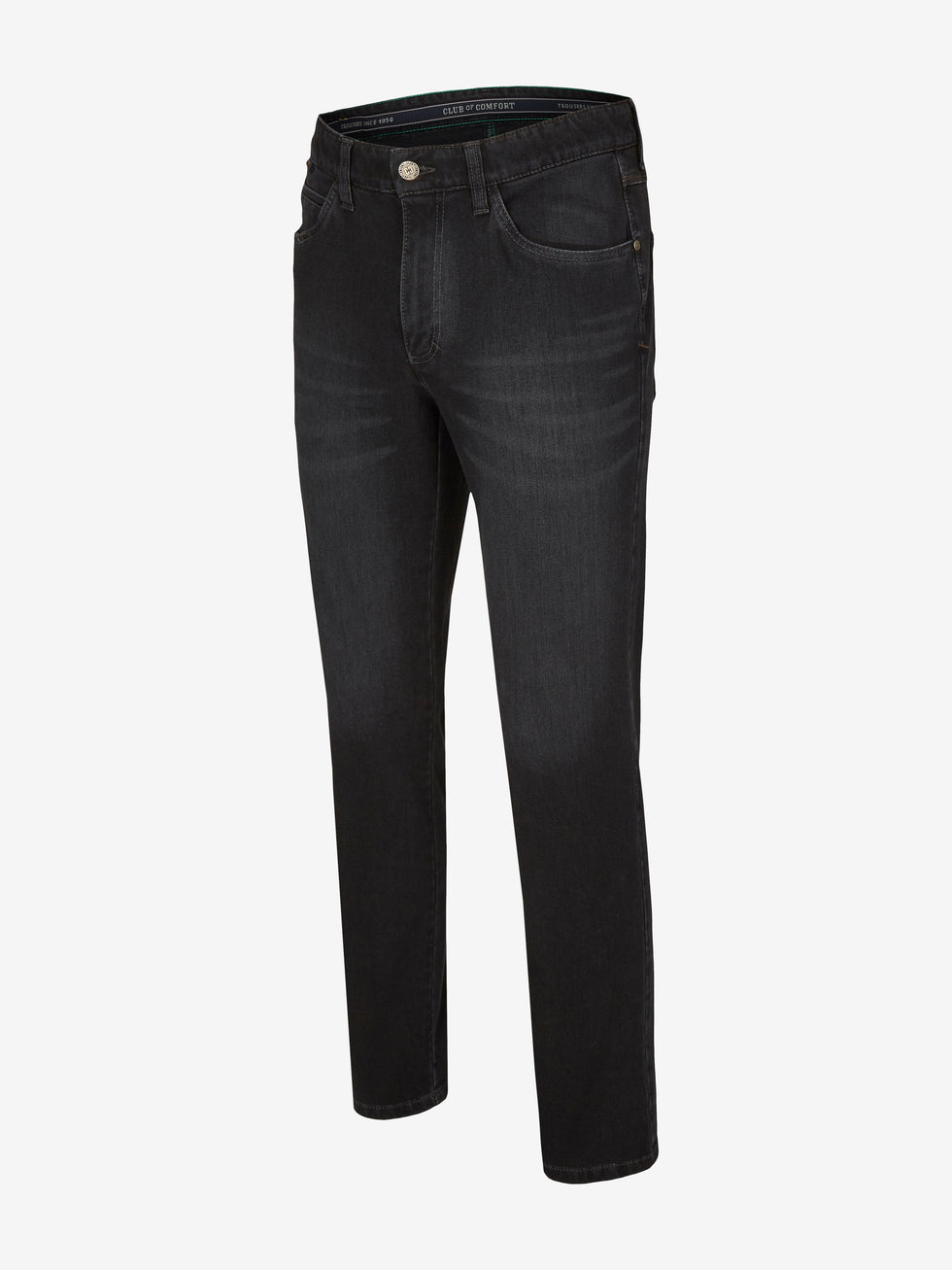 Schwarze Jeanshose "HENRY 7054" von Club of Comfort mit elastischem Doppelstoffbund, Hemdstopper, 6-Pocket-Design inklusive separater "Mobile Pocket" für Smartphone, aus hochelastischem Bi-Stretch-Denim, reguläre Leibhöhe, schmales Bein, langlebig, bequem, ganzjahrestauglich.