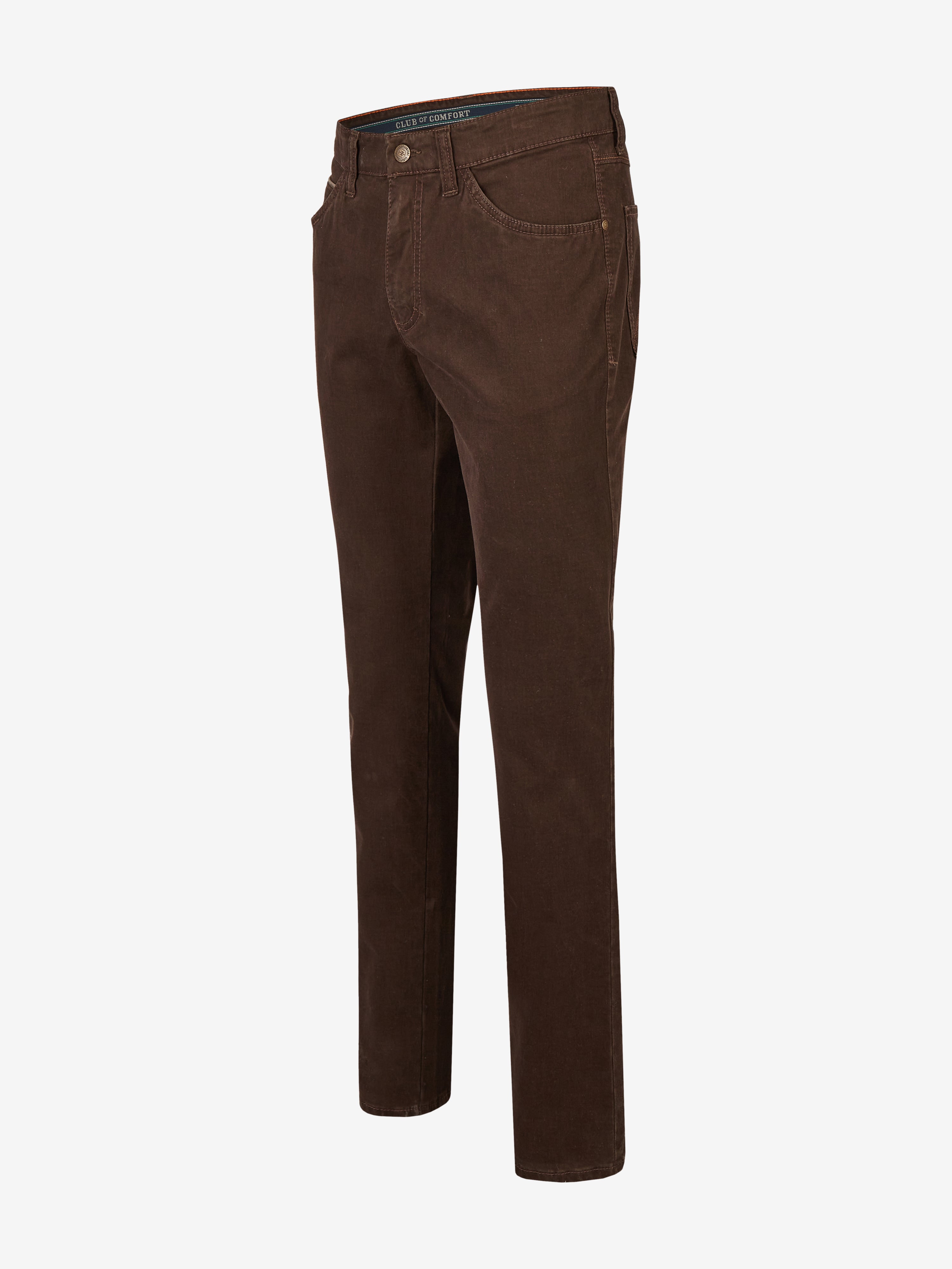 Dunkelbraune Herrenhose HENRY 7612 von Club of Comfort, 6-Pocket mit elastischem Komfortbund, Mobile Pocket in der rechten Vordertasche, aus High Stretch-Baumwolle, normale Leibhöhe, schlankes Bein, ideal für Herbst/Winter, mit Standard 100 Öko-Tex-Zertifizierung.