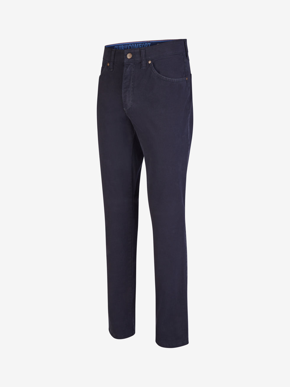 Dunkelblaue HENRY 8070 Damenhose von Club of Comfort mit 6-Pocket-Design, elastischem Doppelstoffbund, Hemdstopper und separater Mobile Pocket in der rechten Vordertasche, aus bi-elastischer Baumwolle mit softem Griff, normaler Leibhöhe, schmalem Bein, regulärer Passform, geeignet für Ganzjahres, mit 360° Stretch, Made in Green by Oeko-Tex.