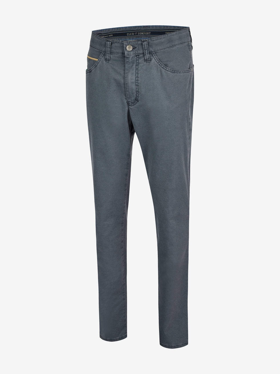 Mittelblaue Herrenhose "HENRY 7323" von Club of Comfort, 6-Pocket, Regular Fit, elastischer Komfortbund, inklusive separater "Mobile Pocket" in der rechten Vordertasche, gefertigt aus leichtem Baumwoll-High Stretch mit Coolmax EcoMade für Klimaregulierung, nachhaltig produziert, geeignet für Frühjahr/Sommer.
